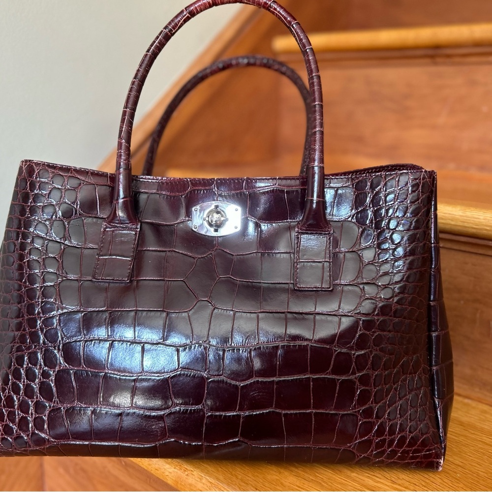SOLD—- Elegant Crocodile-Embossed Leather Handbag - Burgundy